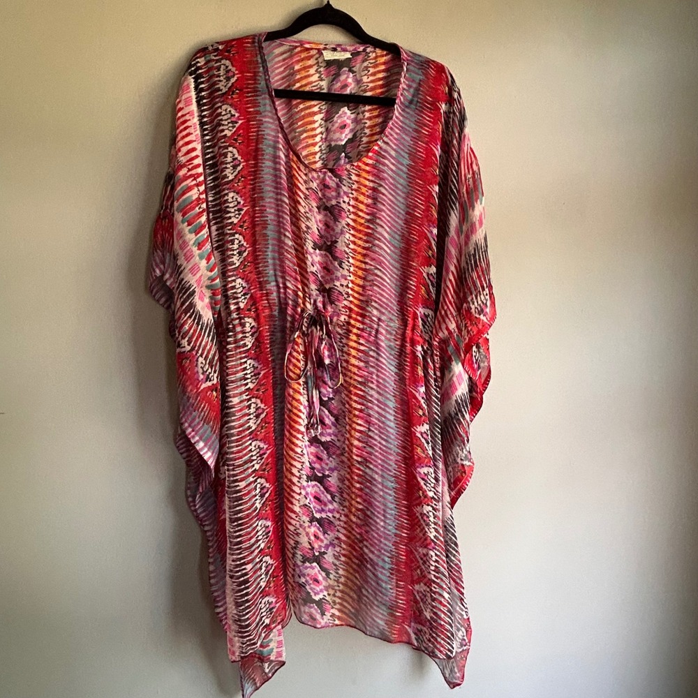 Sunflower CHT-103 Womens Red Multi Color Ikat‎ Kaftan Drawstring Cover Up OS
